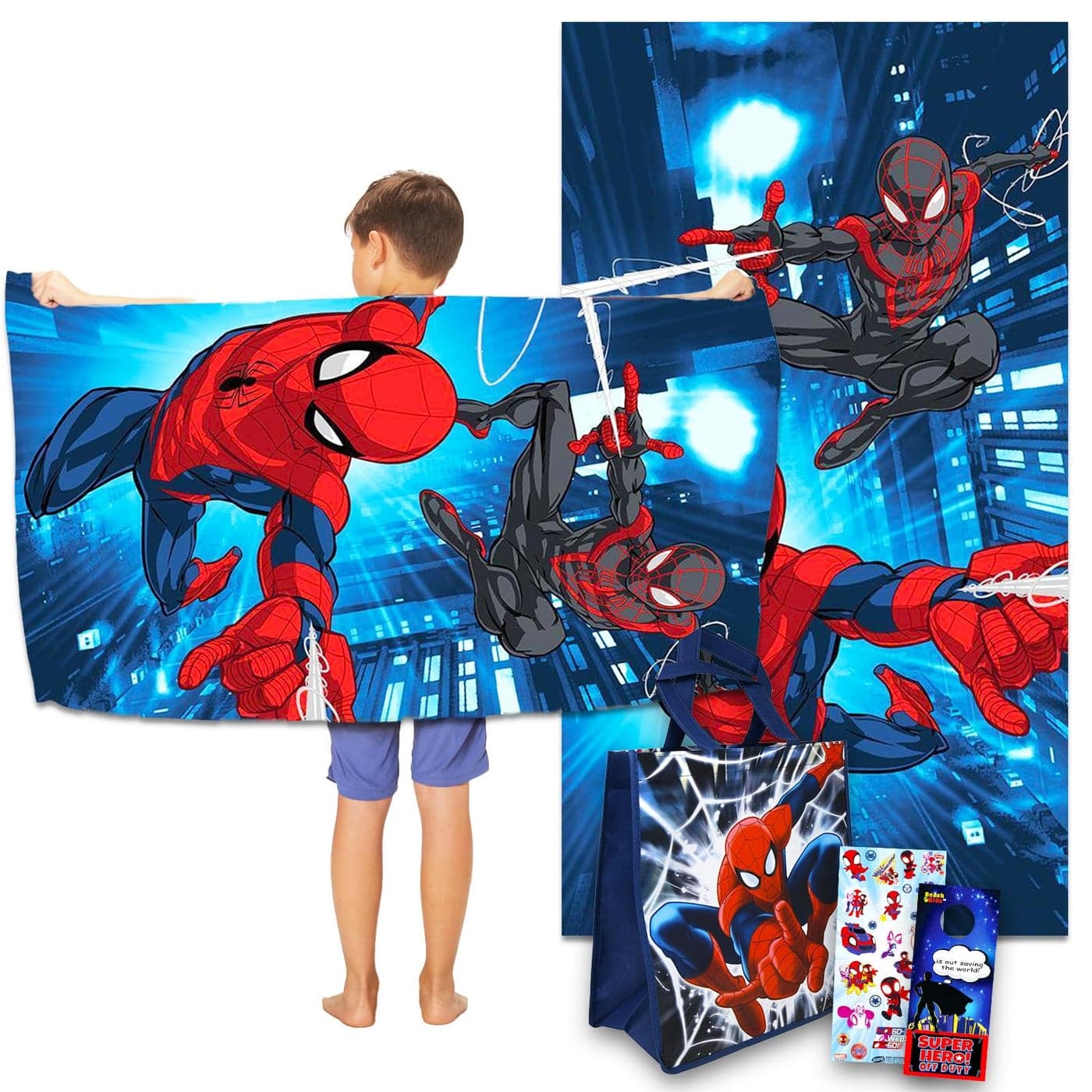 Marvel Spiderman Towel Set for Kids Bundle with 27x54 Spiderman Microfiber Towel Tote Bag Stickers and More Spiderman Pool and Bathroom Set