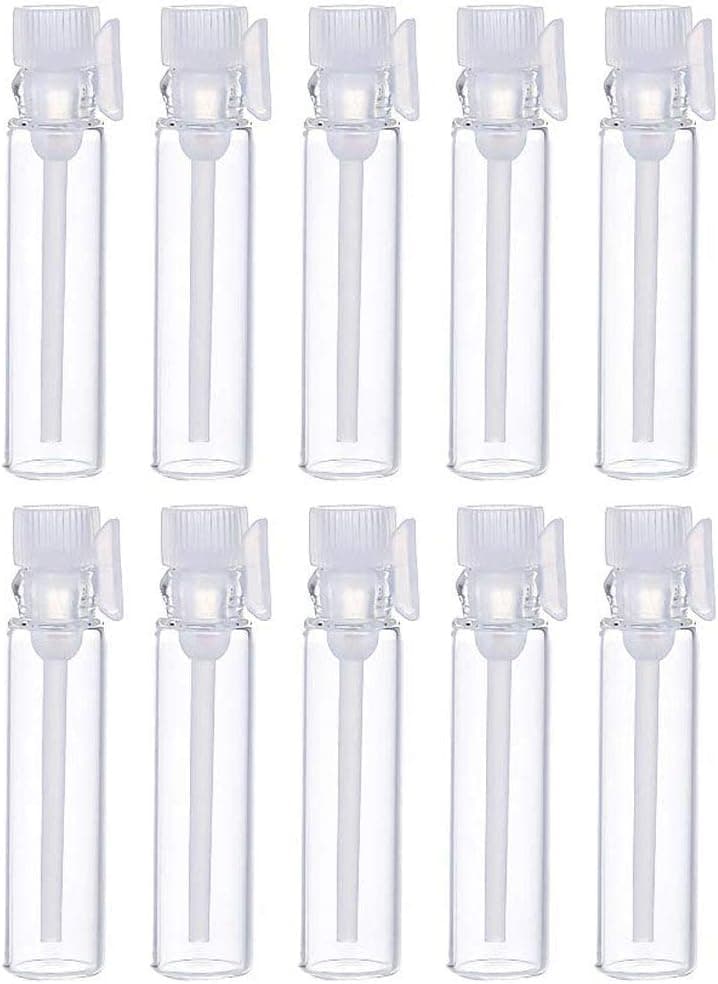Teensery 100 Pcs Empty Perfume Sample Bottles Mini Glass Refillable Sample Vial Containers with Clear Cap for Aromatherapy, Essential Oil, Fragrance and Liquid (1ml)