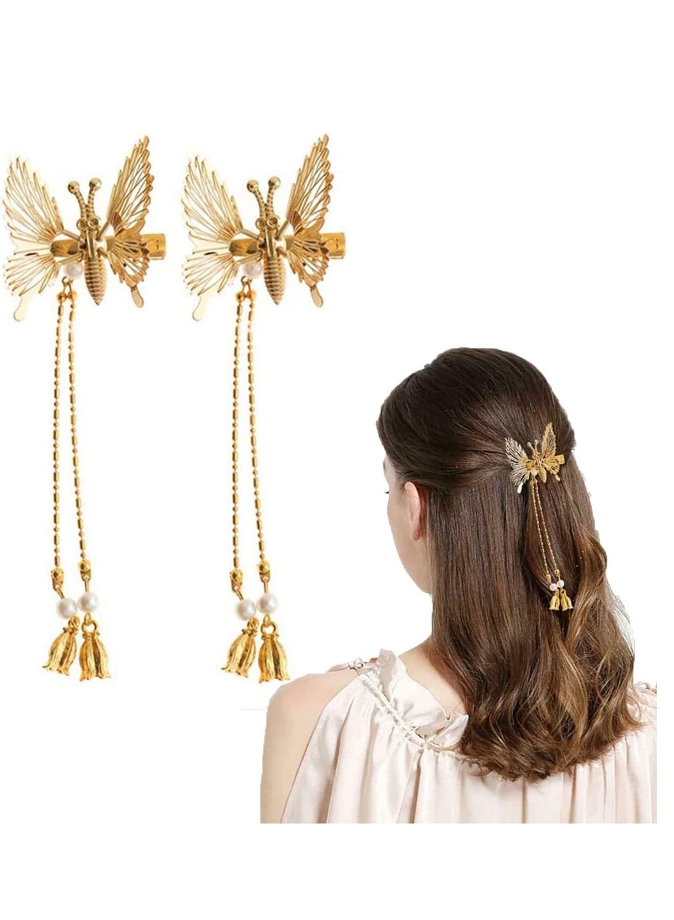 Tassel Hair Clips, 2Pcs Butterfly Barrettes Gold Metal Fashionable Hairpins Decorative Pins, Moving Shiny Clips Barrettem, Accessories for Women Girls (Gold)