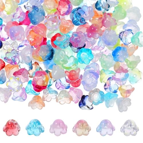 150PCS Glass Flower Beads Mixed Color Glass Bellflower Beads Trumpet Flower Bead Gradient Clear Cute Bead for Bracelet Necklace Earring Jewelry Making and DIY Craft