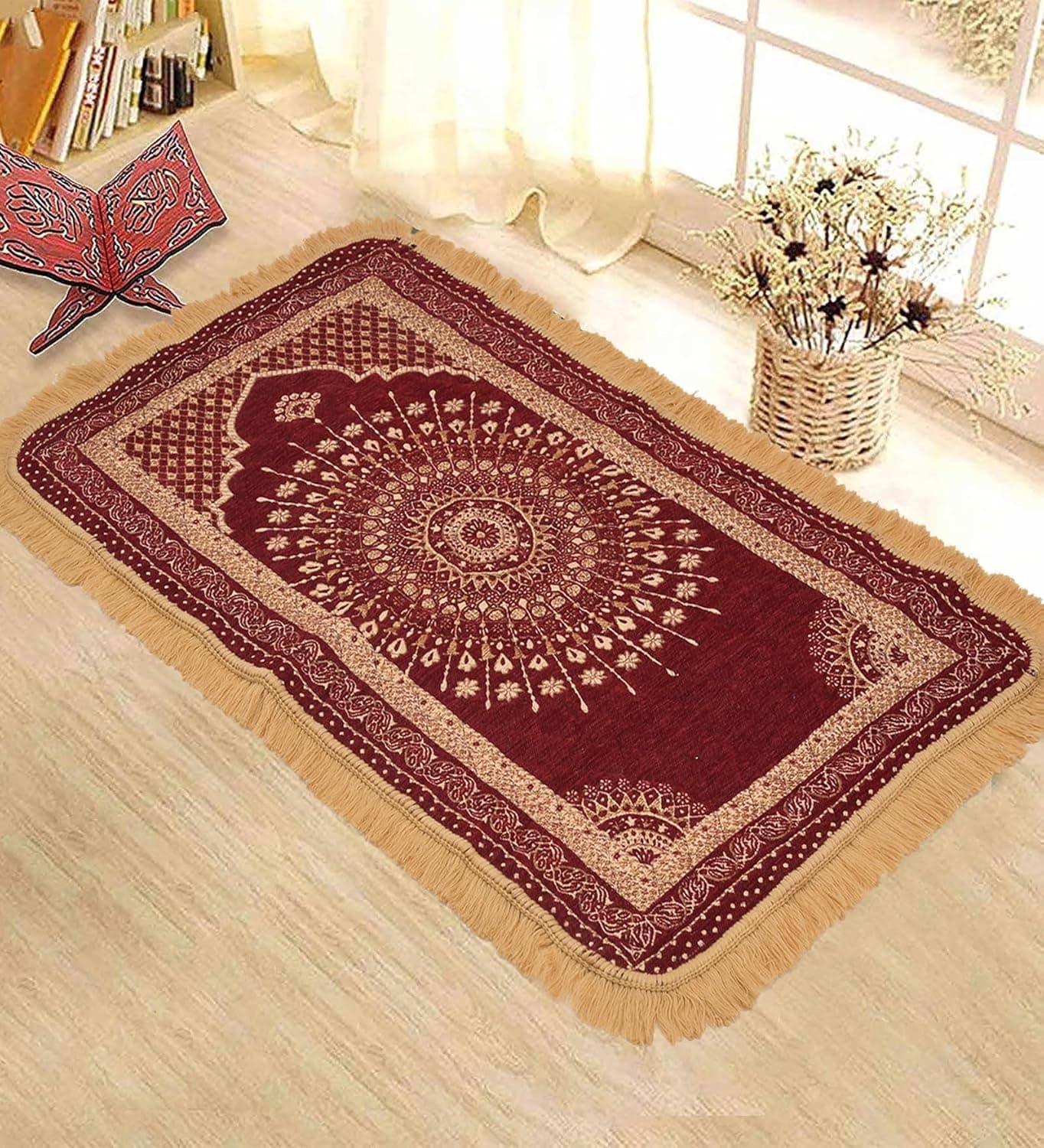 COZY FURNISH CrossStiched Velvet Janamaz Thick Anti Skid Soft and Comfortable Big Prayer Mat 23X375Feet 72X115CM 28X45Inches Pack of 1 Velvet JanamazPrayer Mat for Namaz