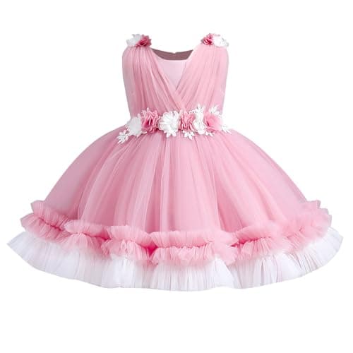 Toddler Wedding Flower Girl Dress Baby Girls Sleeveless 3D Flower Tulle Tutu Dress Infant Formal Christmas Pageant Princess Party First Birthday Dresses Dusty Pink 1-2 Years