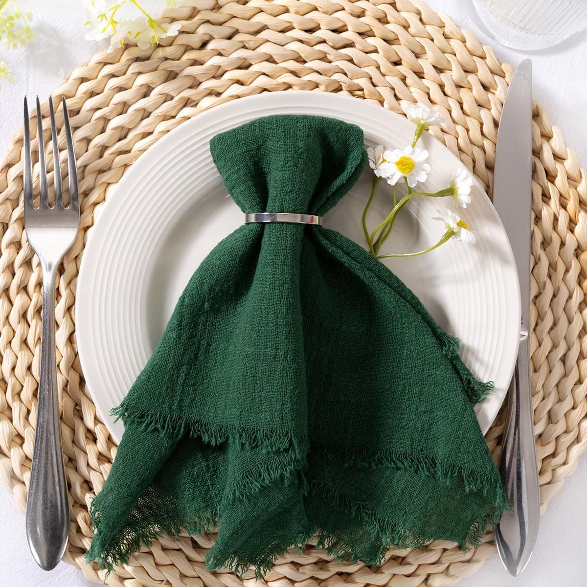 MLMC 6 Pack Emerald Green Linen Napkins Boho Washable Cloth Napkins with Fringe Reusable Rustic Gauze Dinner Table Decor 1717 for Wedding Bridal Baby Shower Party Decor