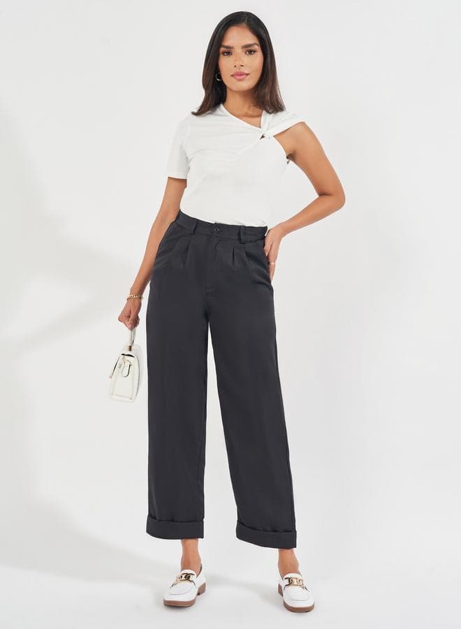High Rise Turn-Up Hem Ankle Length Pants