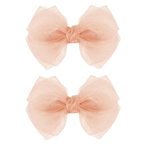 Korean Pink Mesh Hair Bow Clips 4 for Toddler Girls Organza Double Tulle BowKnot Alligator Barrettes Summer Wedding Pageant First Communion Party Dress Decor Accessory Birthday Valentines Gift
