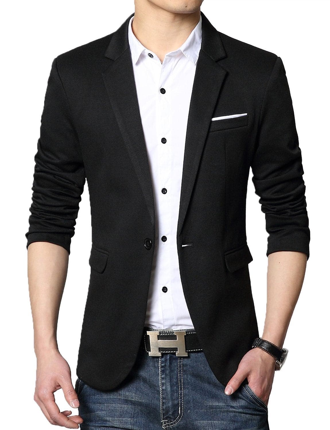 DAVID.ANN Men's Casual Fit One Button Center Vent Blazer Jacket,Black #3625,Small