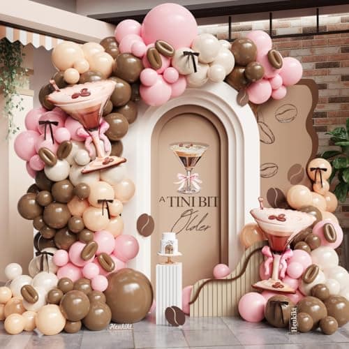 138Pcs Espresso Martini Balloon Garland Kit Pink Brown Balloons Arch with Martini Foil Balloon for A Tini Bit Older Girls Women Birthday Bachelorette Bridal Shower Party Decorations