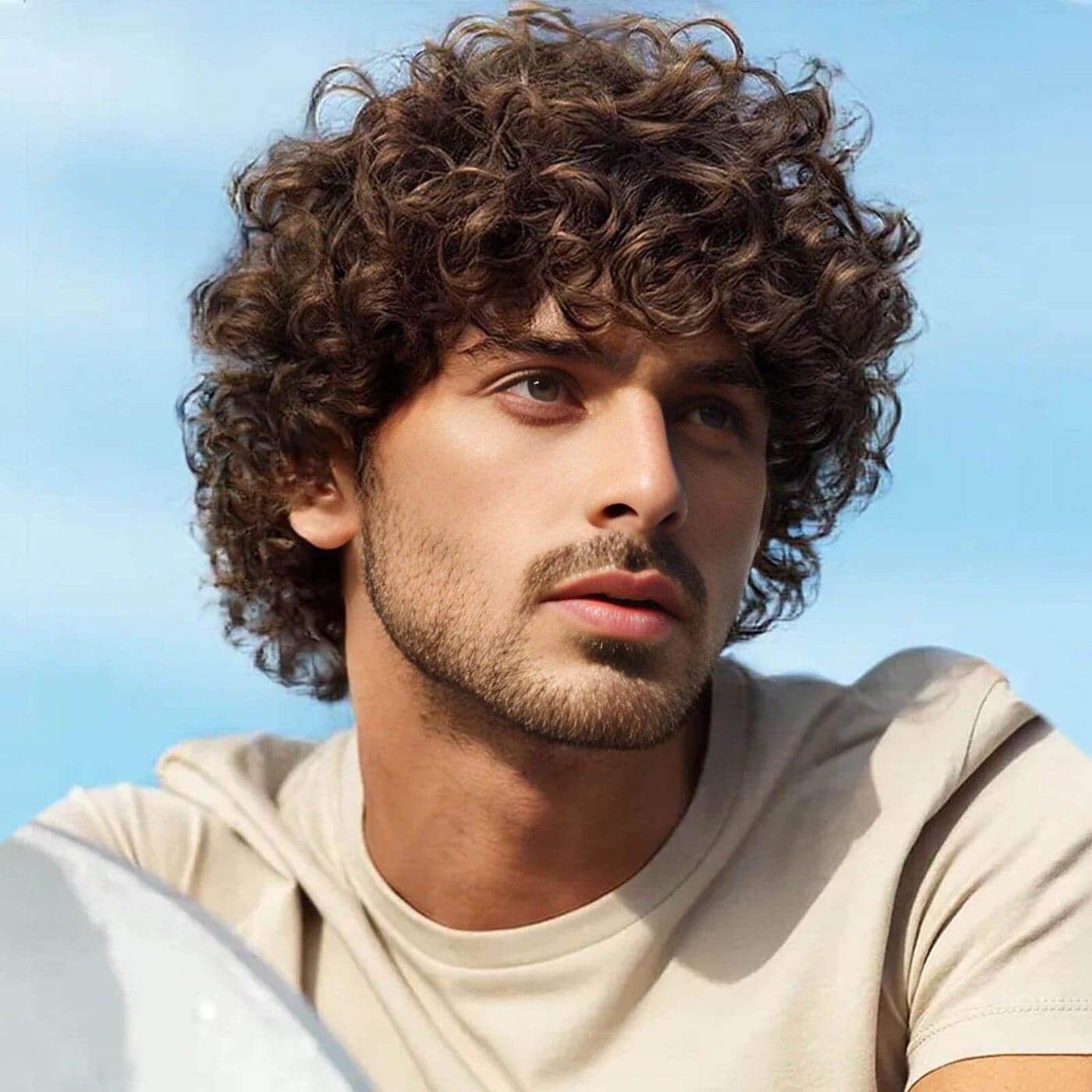 Creamily Mens Short Brown Curly Wigs with Bangs Afro Mens Wigs Short Hair Fully Curly Synthetic Hair Replacement Wig Realistic Party Cosplay Halloween Costume Wig for Men