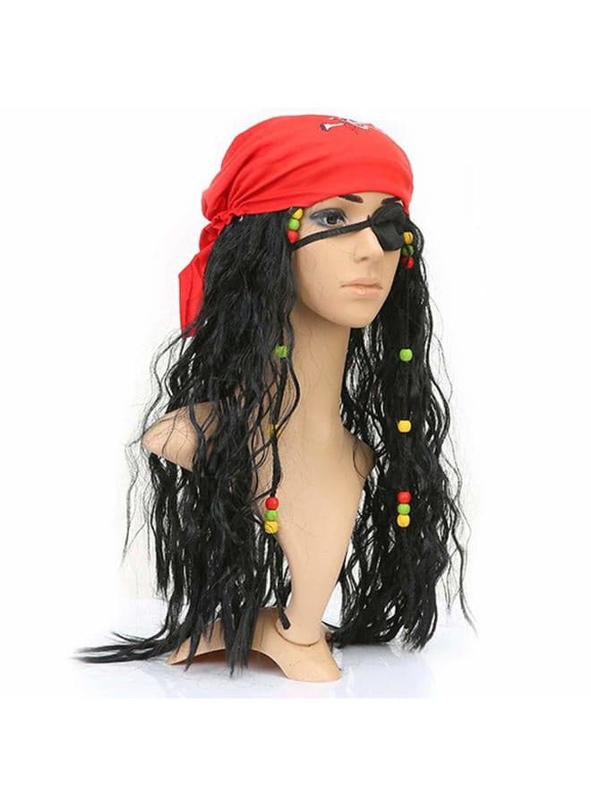 Pirate Wig for Women Men, Pirate Costume Women Men Halloween, Black Hair Wigs with Accessories, Headband Bandana Head Scarf Set, Adult Captain Hat Eye Patch