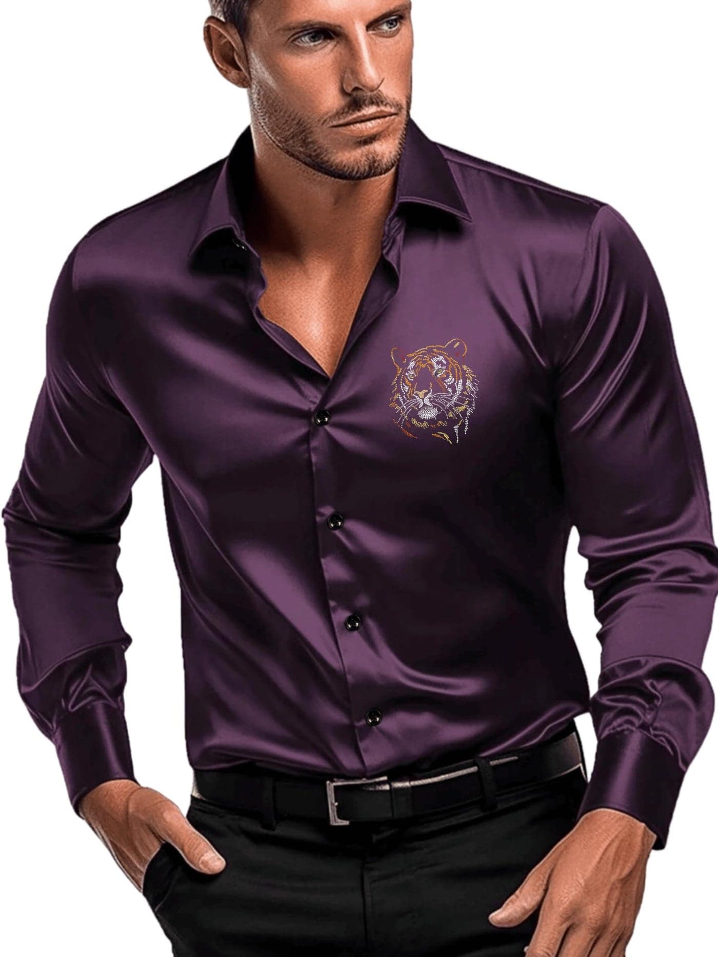 IndoPrimo Men's Satin Shirt with Spread Collar Neck Line Solid Pattern Full Sleeves Regular Fit Western Style and Standard Length Purple