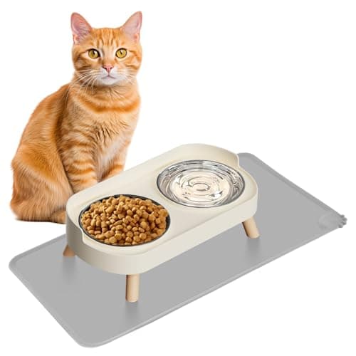 Elevated Cat Bowl with Food Mat Raised Cat Food and Water Bowl Set for Indoor Cats Splash Proof with 2 Stainless Steel Pet Food Bowls for Cats and PuppiesWhisker Fatigue and Dishwasher Safe White