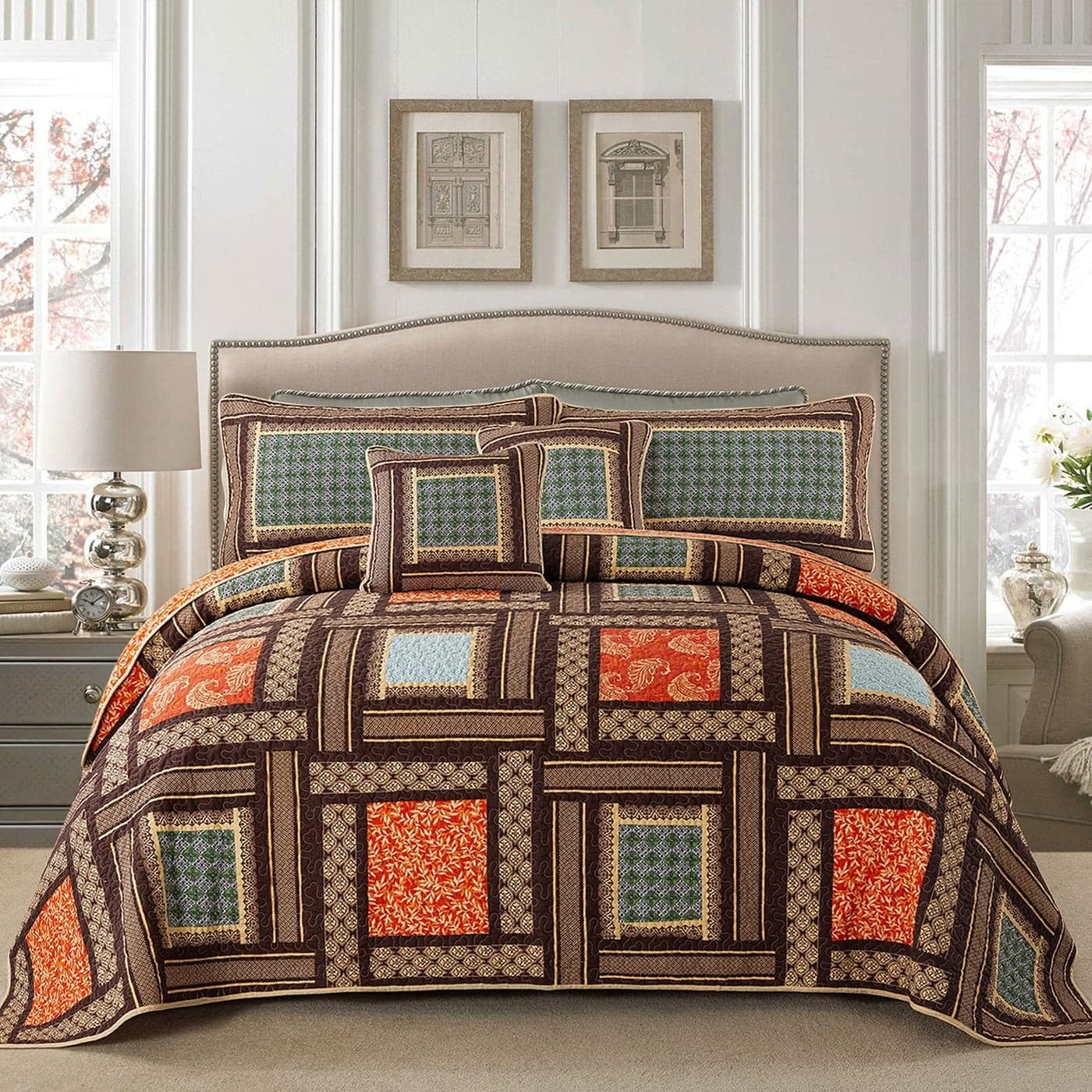 NEWLAKE Cotton Patchwork Bedspread 3Piece Bedding Quilt Set with Real Stitched Embroidery Reversible Matelasse Bed Coverlet SetBohemian FarmhouseKing Size
