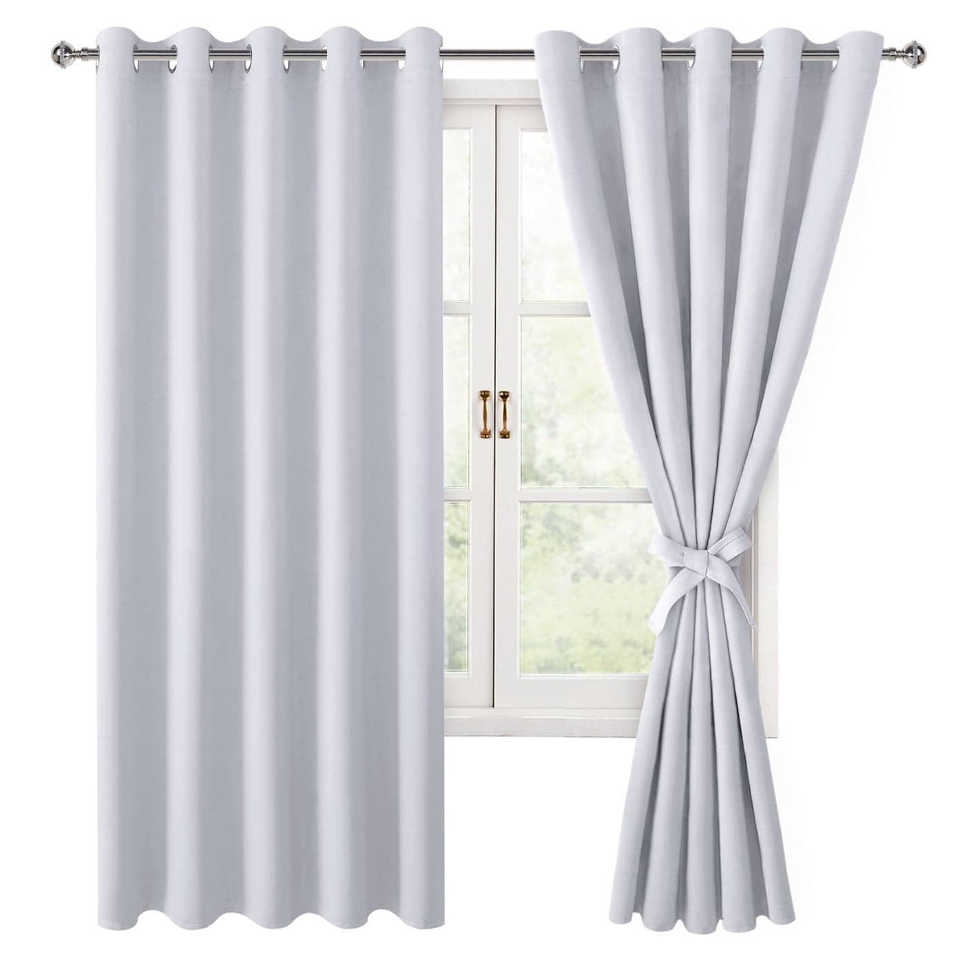 Hiasan Blackout Curtains for Bedroom 60 x 63 Inches Length Thermal Insulated Energy Saving Window Curtains for Living Room 2 Drape Panels Sewn with Tiebacks Greyish White