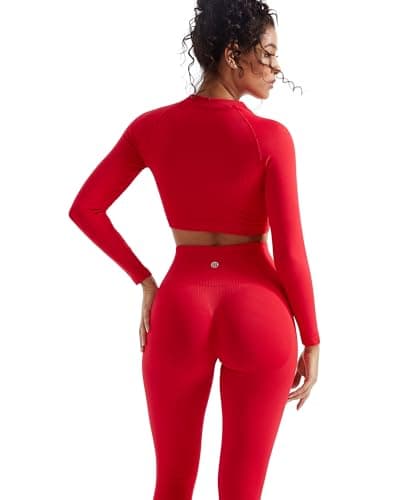 SUUKSESS Women 2 Piece Workout Sets Hidden Scrunch Hip Lift Leggings Long Sleeve Yoga Crop Top High Waisted Seamless Yoga Pants Tracksuits (Red, L)