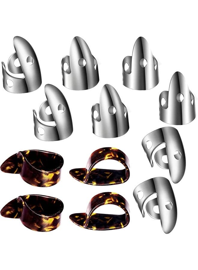 12 Pcs Steel Finger Picks Set, Including Stainless Steel Finger and Thumb Picks, Metal Adjustable Bass Guitar Accessories for Guitar Banjos(Stylish Style)