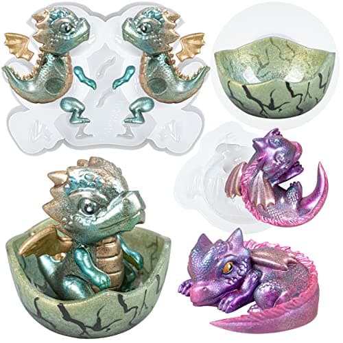 Baby Dragon Asleep and Hatchling in Egg Resin Silicone Molds Miniature Figurines Craft Set