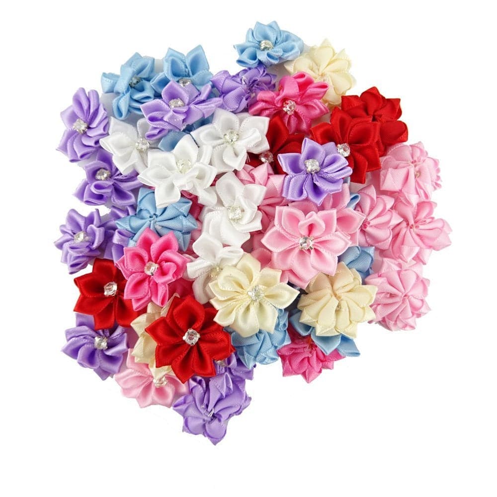 yueton Pack of 50 DIY Satin Ribbon Flowers with Rhinestone Craft Wedding Ornament Appliques Assorted color50pcs