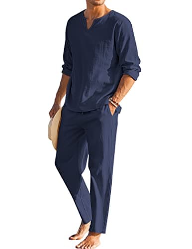 COOFANDY Men's 2 Pieces Cotton Linen Set Henley Shirt Long Sleeve and Casual Beach Pants Summer Yoga Outfits Navy Blue