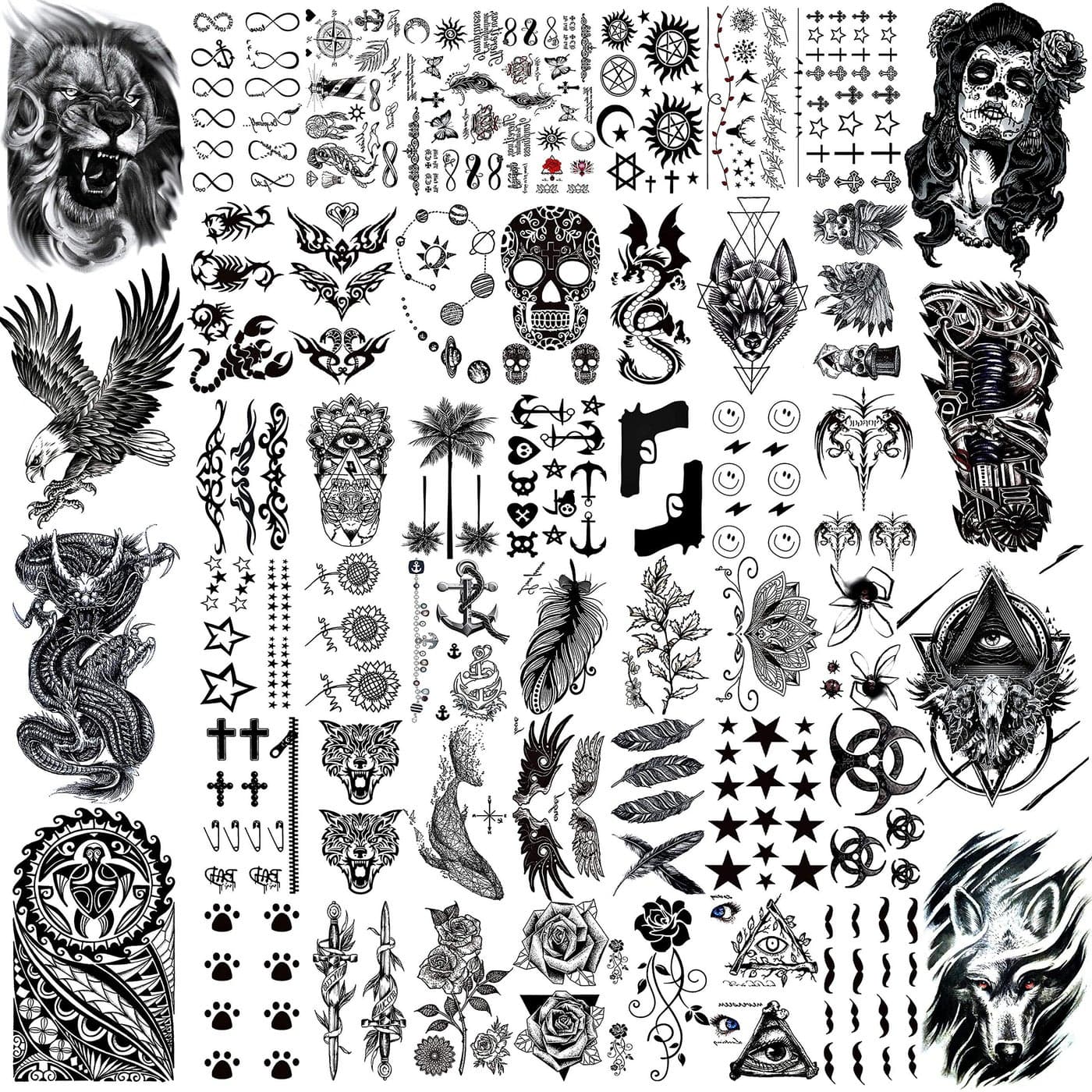 VANTATY 50 Sheets Black Temporary Tattoos For Men Adults Ealge Dragon Lion Wolf Animals For Women Neck Arm Thigh Fake Small Skull Tattoo Sticker For Kids Children Boys Girls Tatoos