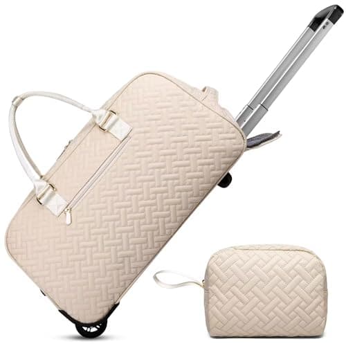 Rolling Travel Duffle Bag with Wheels for Women, Large Carry on Duffel Bags with Toiletry Bag Wet Pocket, Weekender Overnight Traveling Bag with Roller Beige