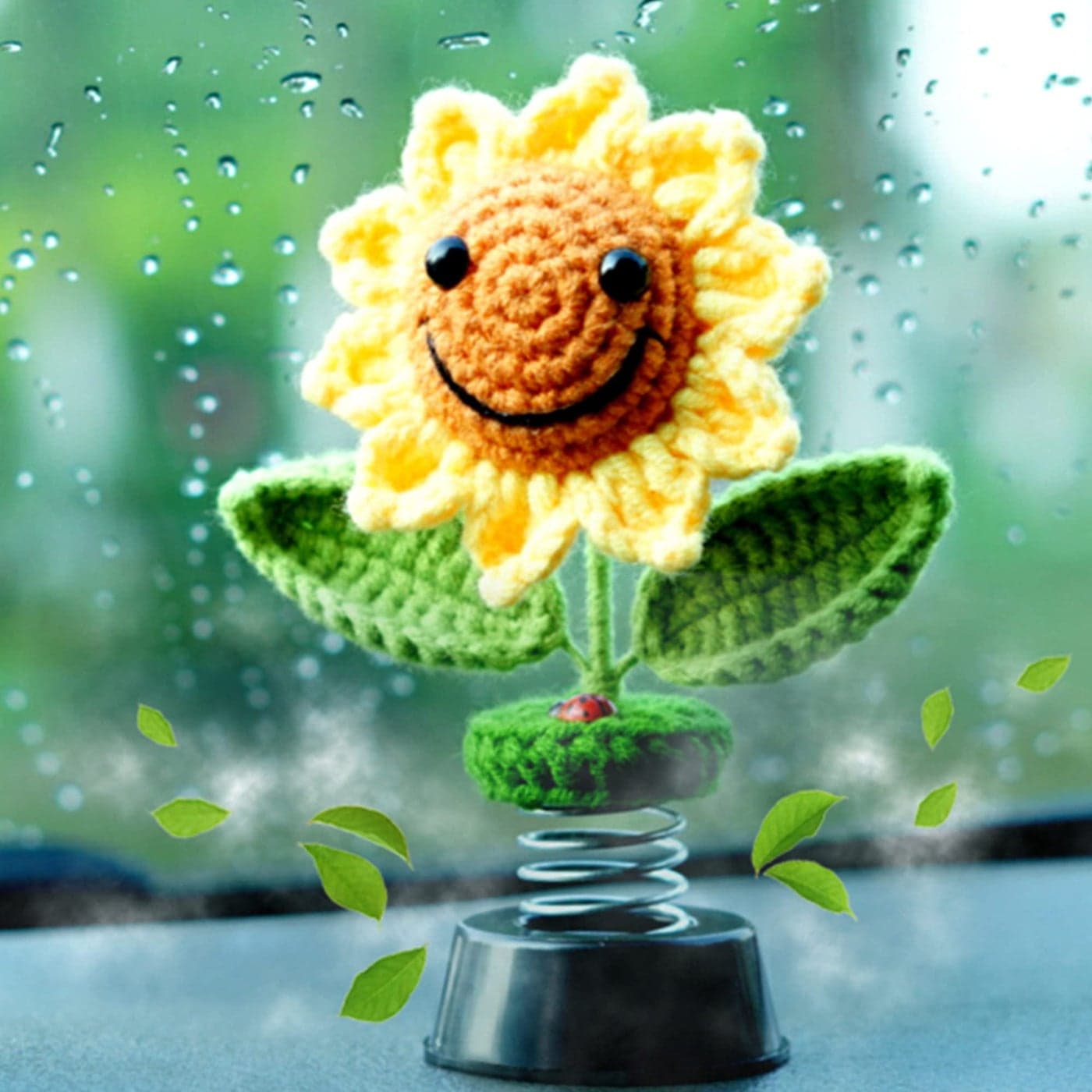 Levvohd Sunflower Car Accessories Dashboard Decorations Crochet Smiley Shaking Sun Flowers Bobblehead Dashboard Car Decor for Women for Cute Girl Car Interior Desk Ornaments Gifts H 52 in