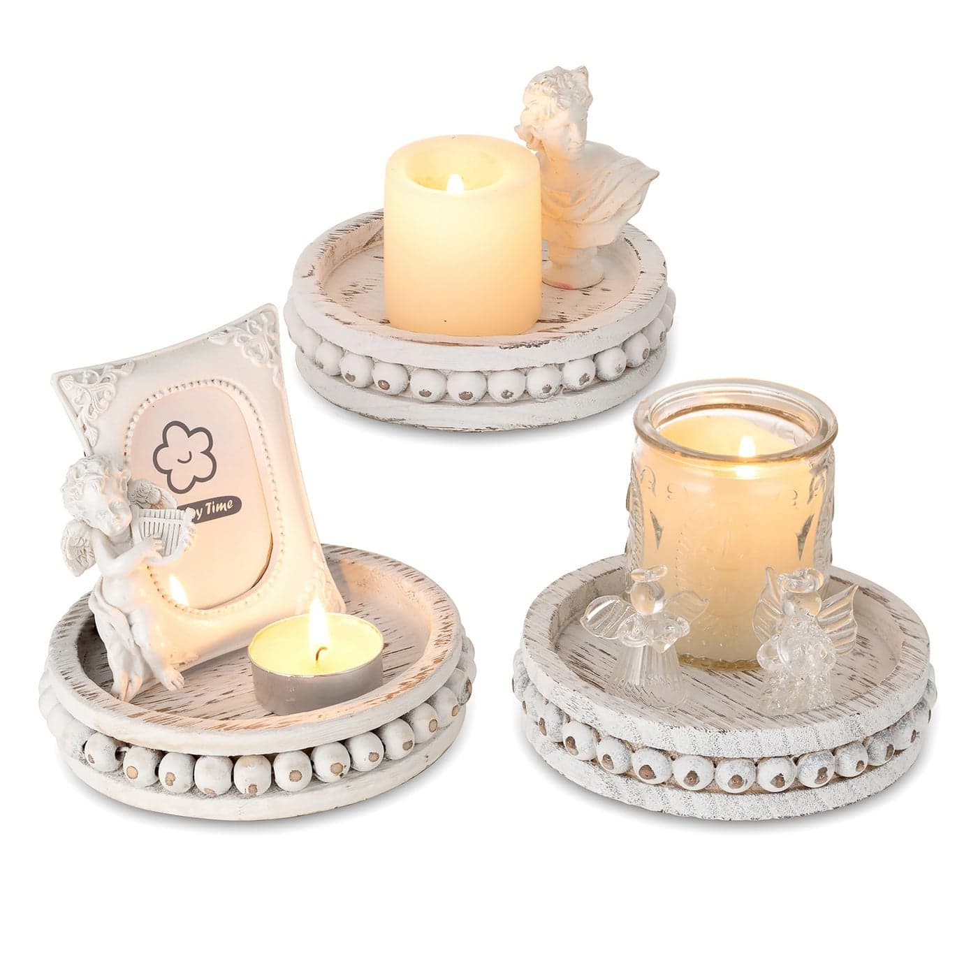 Hanobe Wood Plate Candle Holder Small Candle Plate Set of 3 Decorative White Washed Beaded Candle Tray Round Candle Stick Holders Farmhouse Table Centerpiece for Fireplace Dining Room Home Decor