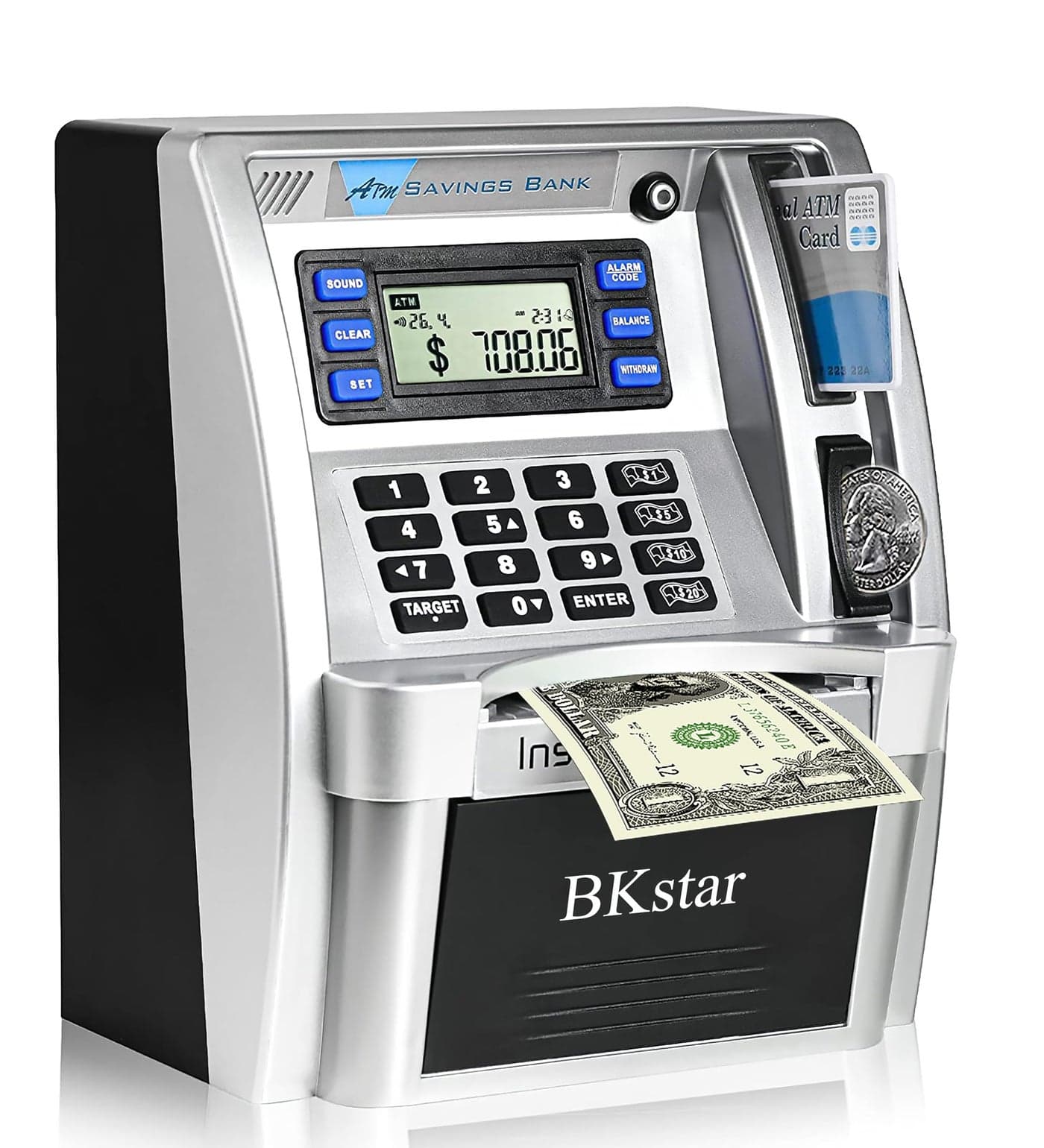 BKstar Kids Talking ATM Piggy Bank with Debit Cards PowerOff Memory AutoOpening Drawer for Real Money for Boys Onekey Shutdown Bill Feeder Coin Recognition Balance Calculator Machine