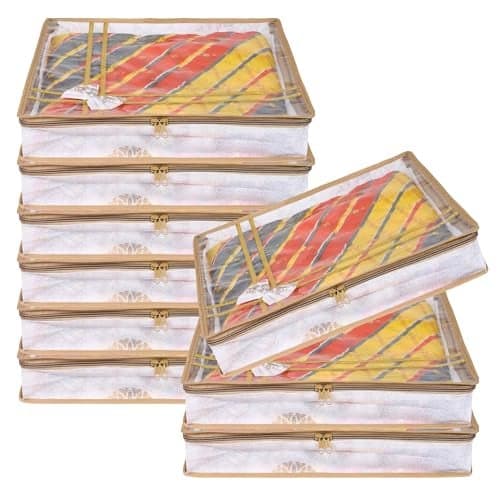 Kuber Industries Pack of 9 Saree Storage Bag | 3 Inch | Lightweight-Portable Garments Bag | Non Woven Wardrobe Bag Set | Top Visible Window Clothes Bags | Bow-Gola Print | White