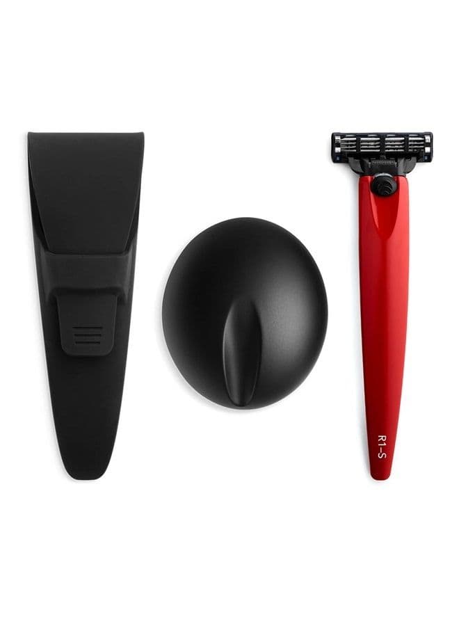 Razor in Graphite, Stand, and Waterproof Travel Case. Fitted with Gillette Mach3 Blade Cartridge. Luxury Razors for Men - Giftable R1 Style.
