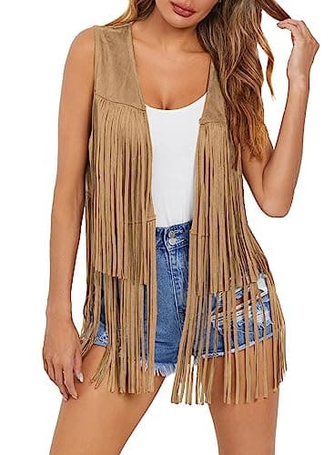 Dokotoo Womens Fall Fashion 2025 Cowboy Chic Fringe Vest 70s Theme Birthday Party Boho Hippie Costume Rodeo Club Night Cowgirl Western Bohemian Country Concert Outfits for Women Vests Khaki Large