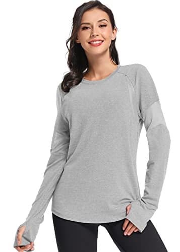 Muzniuer Women's Plain Long Sleeve T Shirt Workout Top Loose Yoga Tops Gym Sports T-Shirt with Thumb Hole Workout Shirts Yoga Tanks Workout Clothes for Women LightGray-1 M