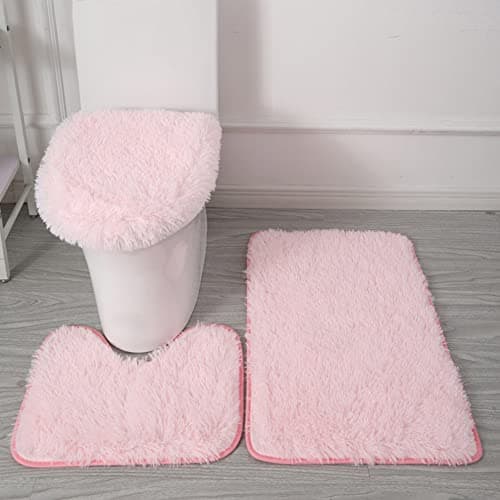 SEAHOME Bathroom Rug Sets 3 Piece Non Slip, Toilet Lid Cover and Contour Mat, Bath Mats Shower Mats Bath Rug Mat for Tub Toilet Bathroom (Pink)