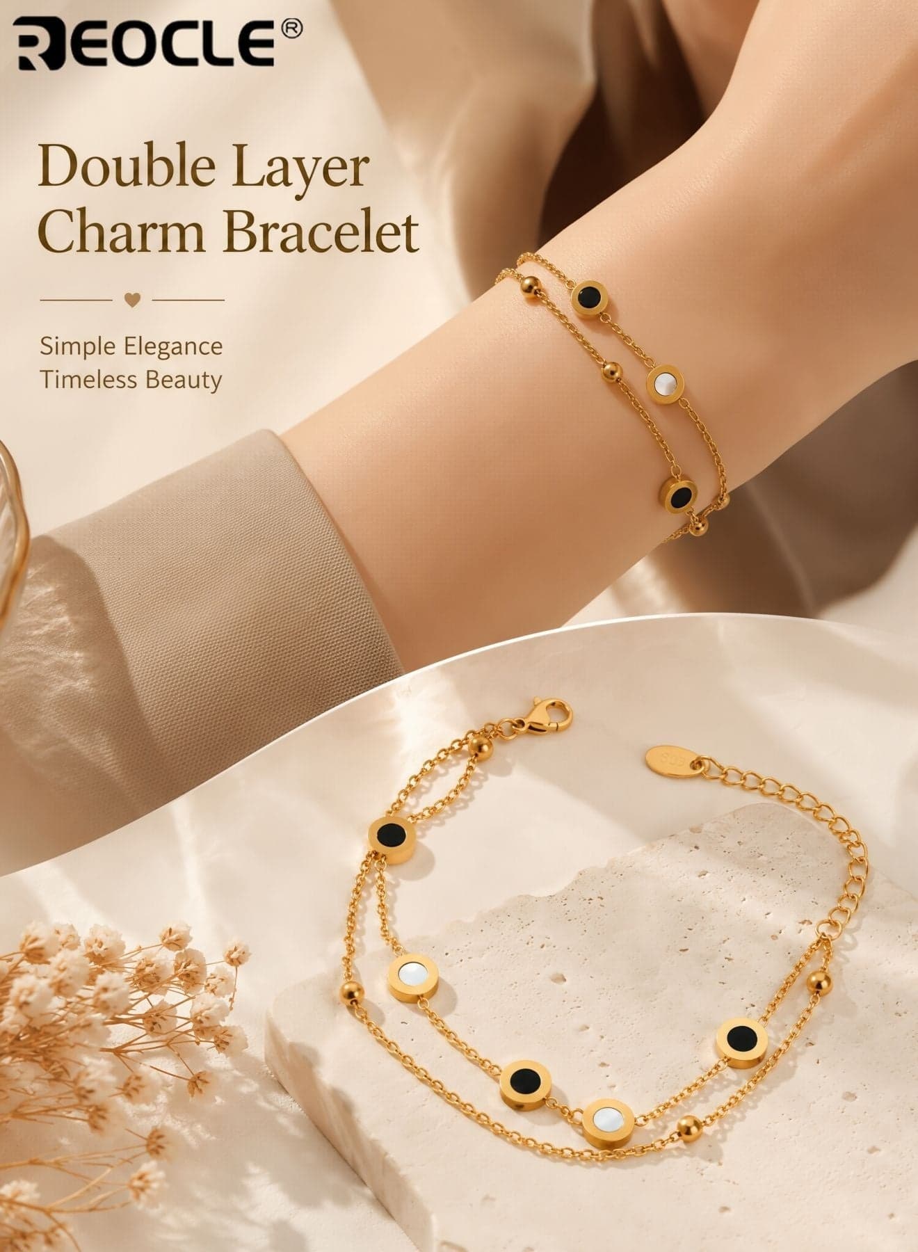 Women's Chain Bracelet Double Layer with Contrasting Circular Accent Details & Subtle Beaded Elements Adjustable Closure Layered Accessory for Daily Styling Casual Outings & Semi-Stylish Ensembles