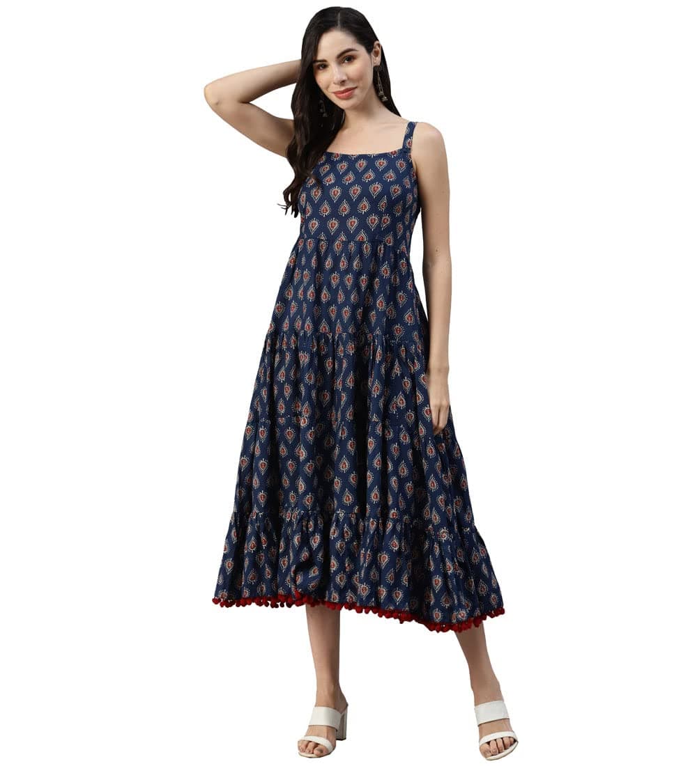 Divena Navy Blue Buti Printed Shoulder Strip Long Dress