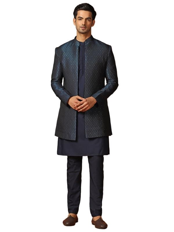 KISAH Men's Kurta Indo-Western Sherwani Trouser Set, Blue Cotton Blend, Woven Design Regular Fit Mandarin Collar Long Sleeves (44)