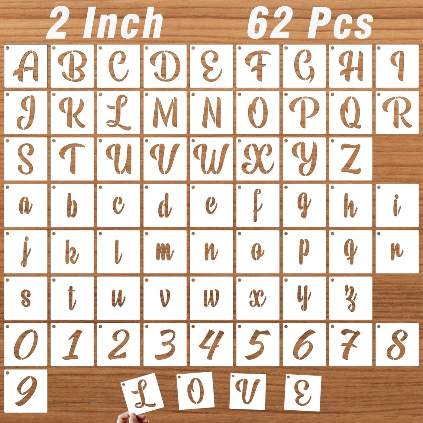 DZXCYZ 2 Inch Letter Stencils for Painting on Wood 62 Pcs Calligraphy Alphabet and Number Stencil Reusable Plastic Art Craft Cursive Lettering Templates Upper and Lowercase