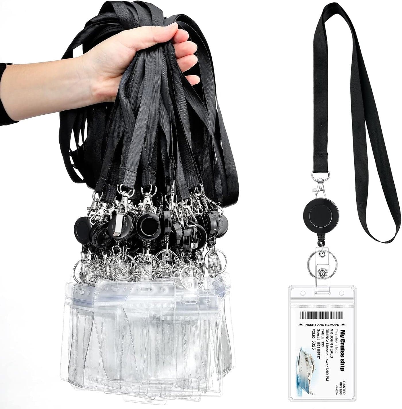 Woanger 50 Sets Black Lanyards with Retractable Reel Solid Color Black Lanyards Bulk Retractable with Vertical PVC Name Badge Holders