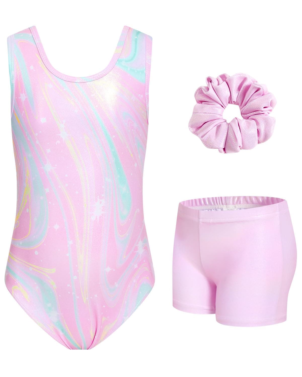 JiAmy Girls Gymnastics Leotards, Glitter Ballet Dance Unitards Biketards Activewear with Short & Hairband for Kids