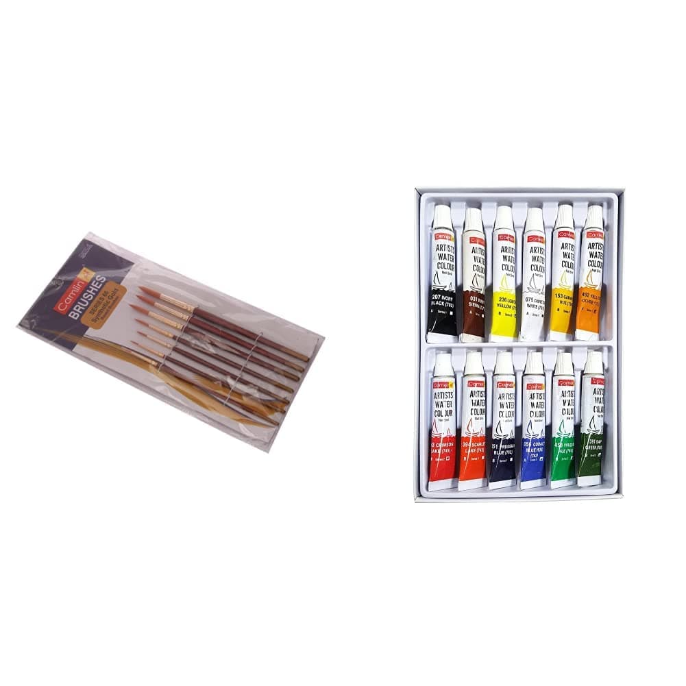 Camel Paint Brush Series 66 - Round Synthetic Gold, Set of 7 & Camel Artist 5Ml Water Color Set - 12 Shades (Multicolor)