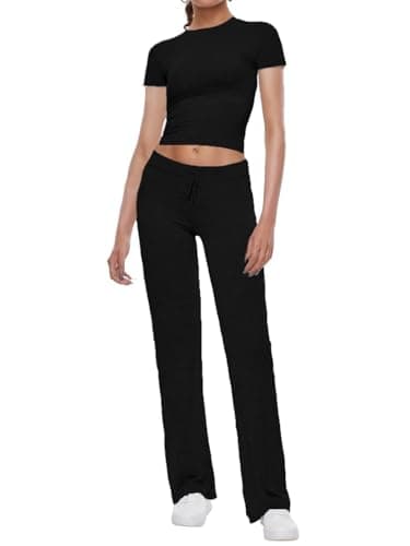 AnotherChill Women's 2 Piece Lounge Sets Straight Leg Pants Set Short Sleeve Crop T-shirt Casual Outfits Comfy Loungewear (Black, X-Small)