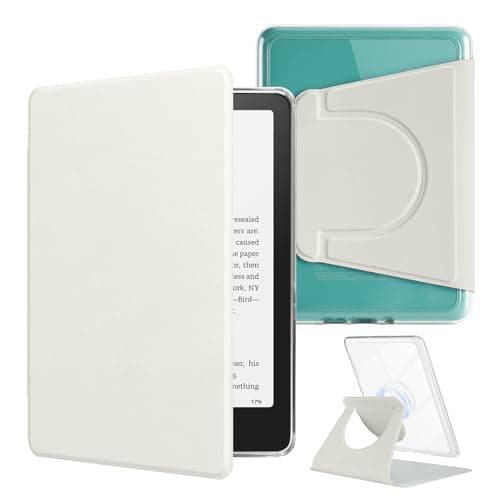 HOICHOE 360° Rotating Case for All-New 7" Kindle Paperwhite 12th Gen 2024 & Kindle Colorsoft SE, PU Leather Magnetic Detachable Stand Cover, Clear Hard Back Shell, Auto Sleep/Wake, Creamy White