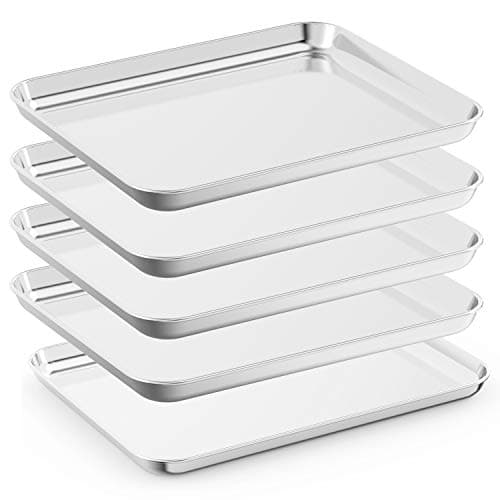 Bastwe Baking Sheet Set of 5, Stainless Steel 5 Piece Cookie Sheet, Toaster Oven Baking Pan Set, Rectangle Size 16 x 12 x 1 inch, Healthy, Mirror Finish, Rust Free, Dishwasher Safe