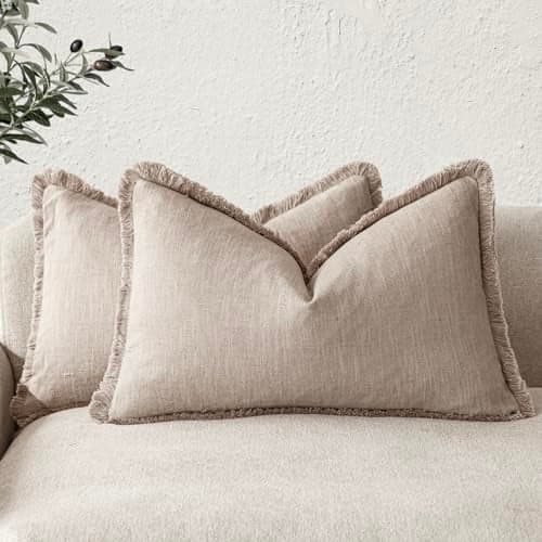 Foindtower Set of 2 Decorative Linen Fringe Lumbar Throw Pillow Covers Farmhouse Cushion Cover with Tassels Accent Pillowcase for Couch Sofa Bed Living Room Home Decor,12×20 Inch,Natural Linen