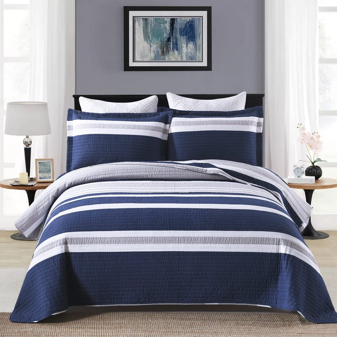 DUOHONG Quilts King Size King Quilt Bedspread Sets 100 Cotton Quilt Bedding Set for King Bed 3 Pieces Striped Reversible Lightweight Quilted Quilt Set Bed Spread Navy Blue