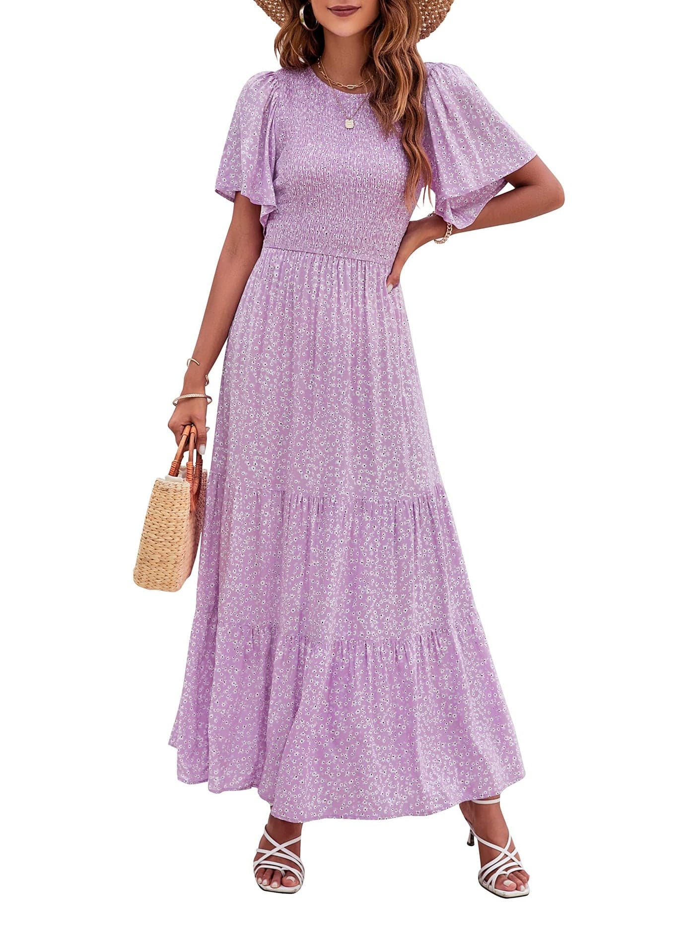 ZESICA Women's 2025 Summer Casual Floral Print Short Flutter Sleeve Crew Neck Smocked High Waist Flowy Maxi Dress,Purple,Large