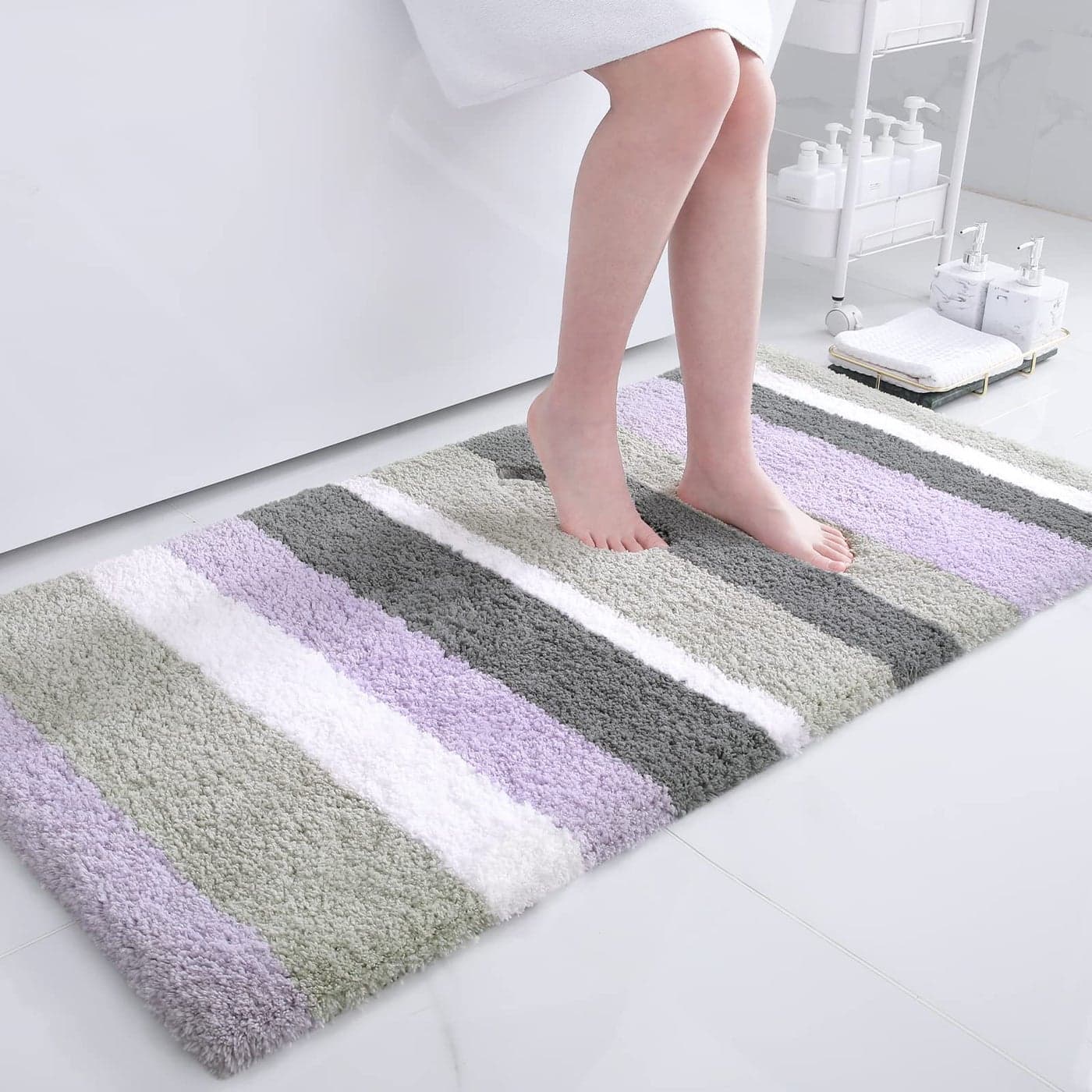 Buganda Microfiber Striped Bathroom Rugs Bath Mat Extra Thick Soft and Shaggy Absorbent Machine Washable Bath Rugs for Bathroom Tub and Shower 47x24 Inches PurpleGrey