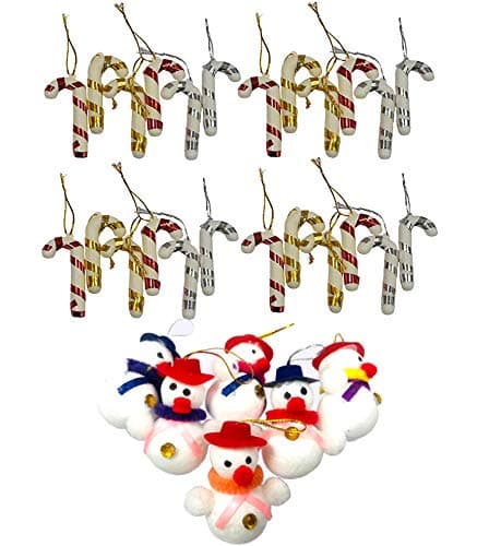 Evisha 24 Pcs Candy Cane Hockey Stick Umbrella and 6 Pcs Small Mini Snow Man for Christmas Tree Decoration