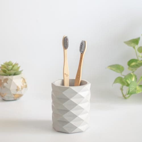 Dwell dapper | Geometric Shape Concrete Made Toothbrush Holder | Hand Crafted | Multi-Purpose Pen Holder, Remote Holder | (Grey)
