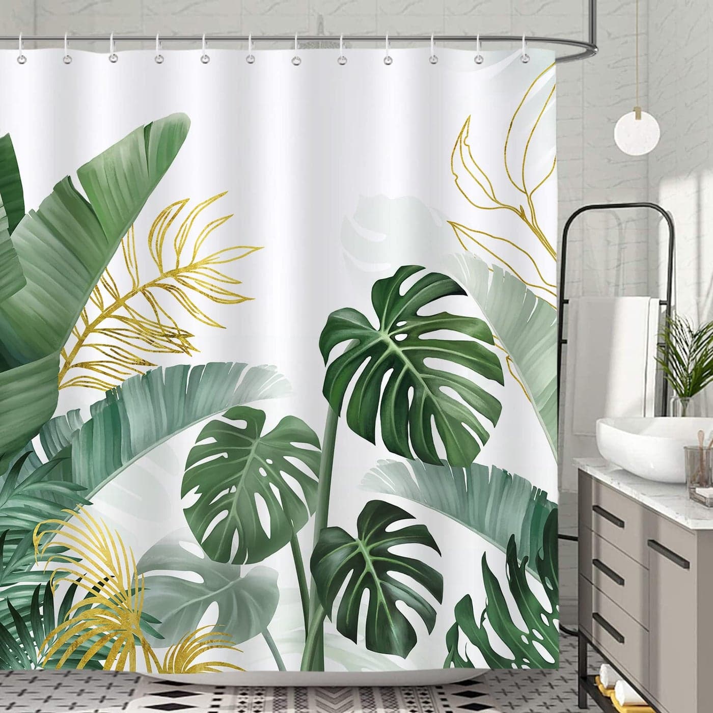 Bonhause Tropical Leaves Shower Curtain 180 x 180 cm Green Palm Leaf Botanical Plants Bathroom Curtain Waterproof Mildew Mould Resistant Polyester Fabric Bath Curtain with 12 Hooks