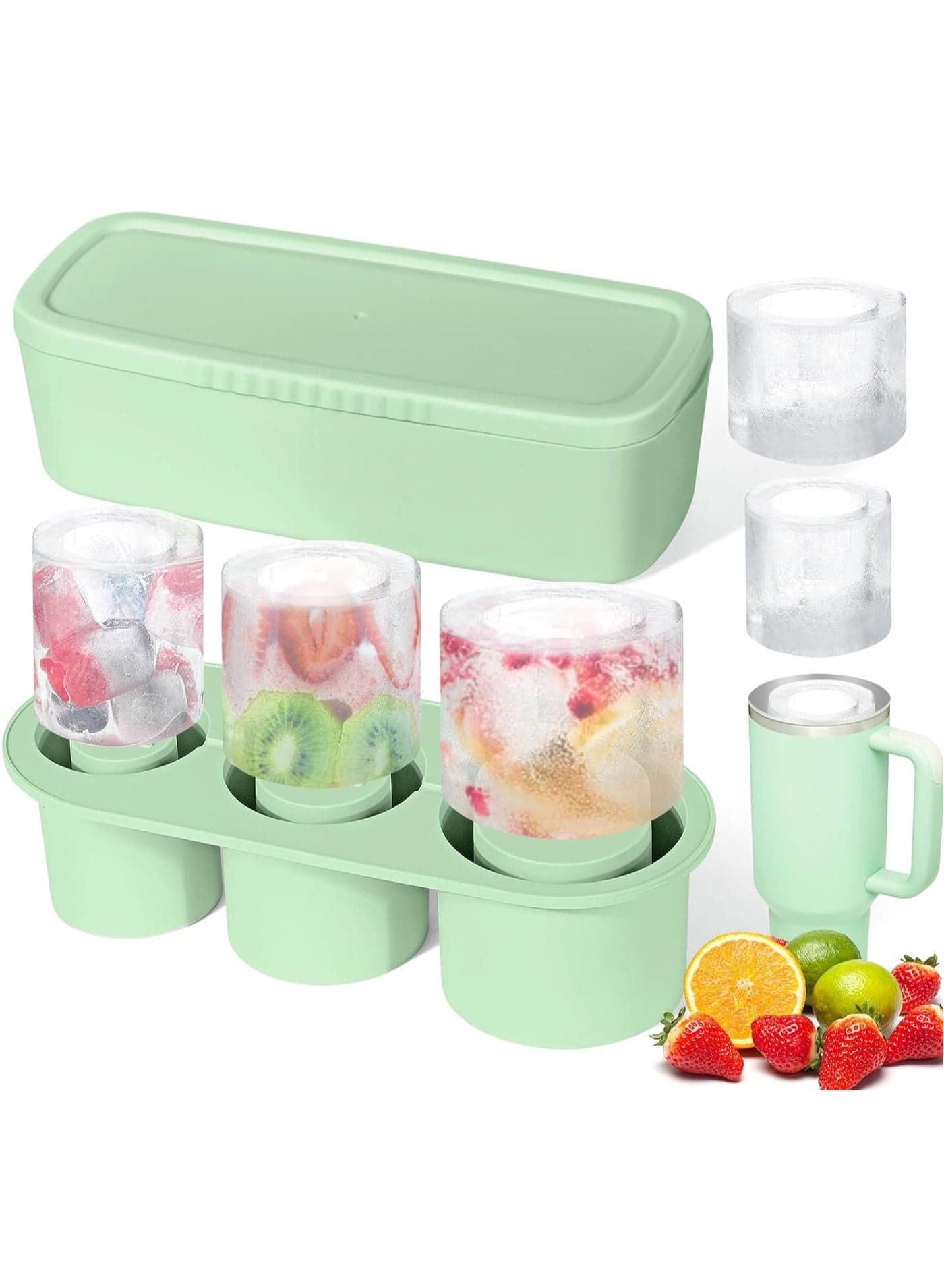 Ice Cube Tray for Cup Silicone Ice Cube Mold with Spill-Resistant Lid 3 Hollow Cylinder Ice Cube Molds for 20-40 oz Tumblers BPA Free Ice Cube Trays for Freezer Drinks Coffee Green
